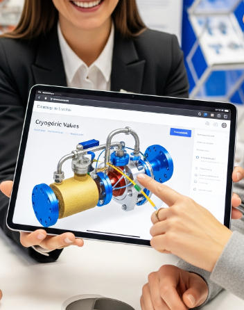 ShowPad para feria: tablet mostrando producto industrial 3D en stand de exposición